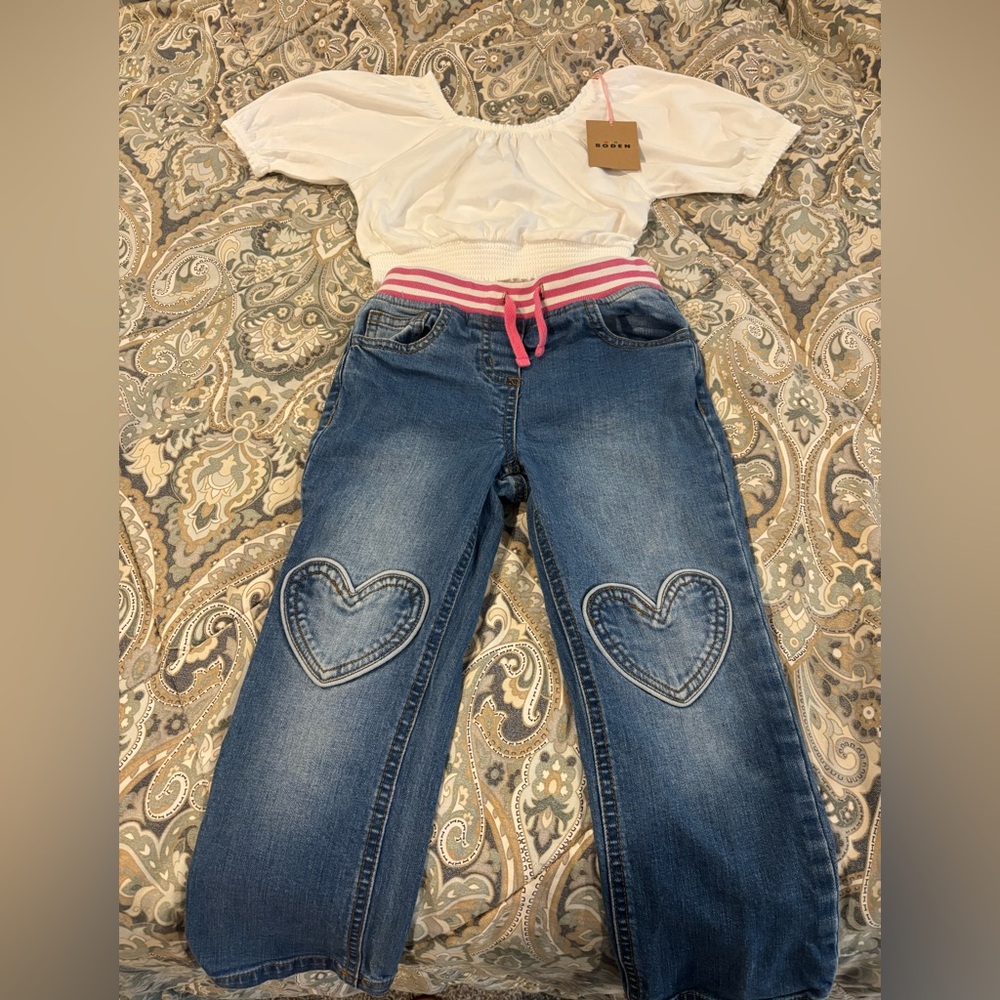 Mini Boden Girl’s Outfit Set Size 5-6 Heart Jeans White Shirt
